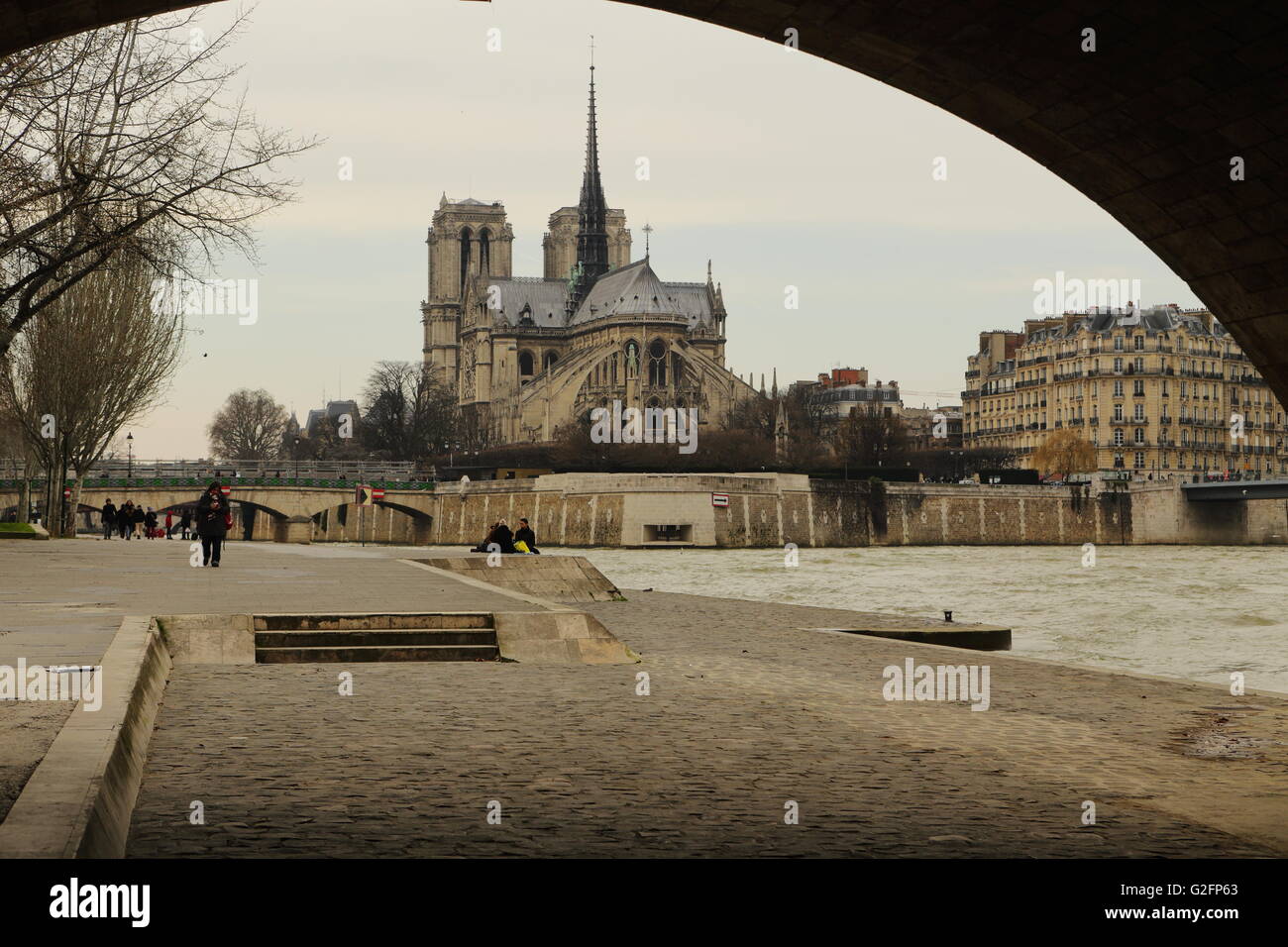 Notre Dam Cathedral on an overcast day viewed from under one of the bridges over the Seine river Stock Photo