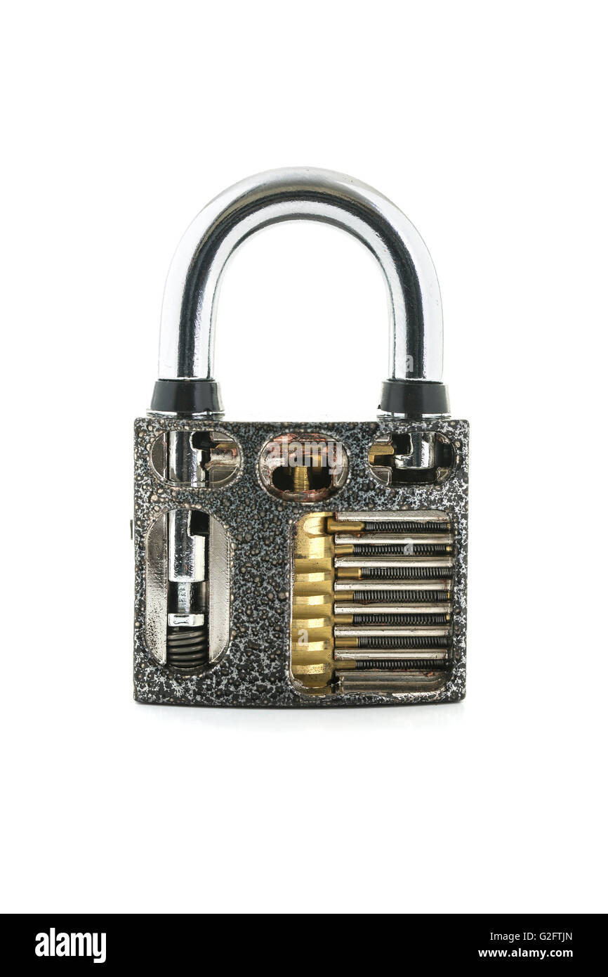 Cut Away Padlock showing how a Padlock Works on a White Background Stock Photo