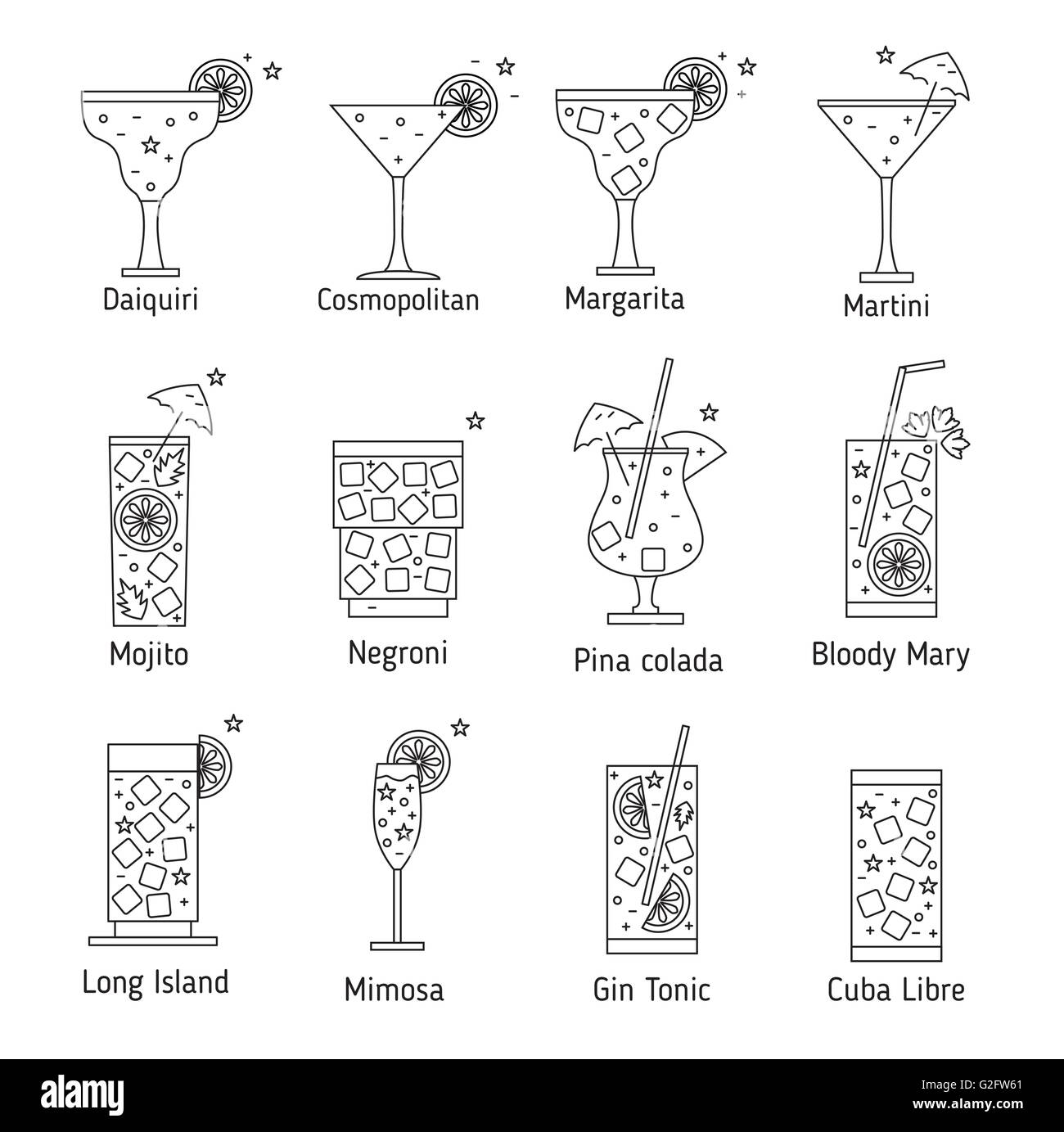 Set of outline various kinds of cocktails. Vector illustration. Isolated on white background. Stock Vector
