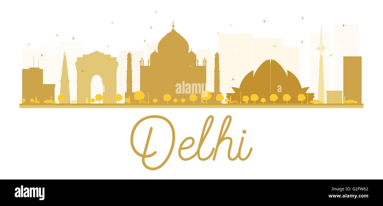 Delhi City skyline golden silhouette. Vector illustration. Simple flat concept for tourism presentation, banner, placard or web Stock Vector