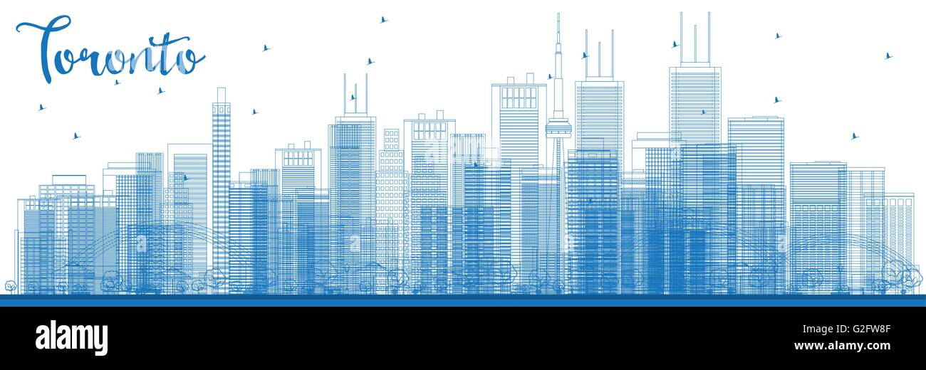 Outline Toronto skyline with blue buildings. Vector illustration. Business travel and tourism concept with modern buildings. Stock Vector