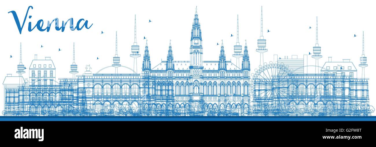 Outline Vienna Skyline with Blue Buildings. Vector Illustration. Business Travel and Tourism Concept with Historic Buildings. Stock Vector