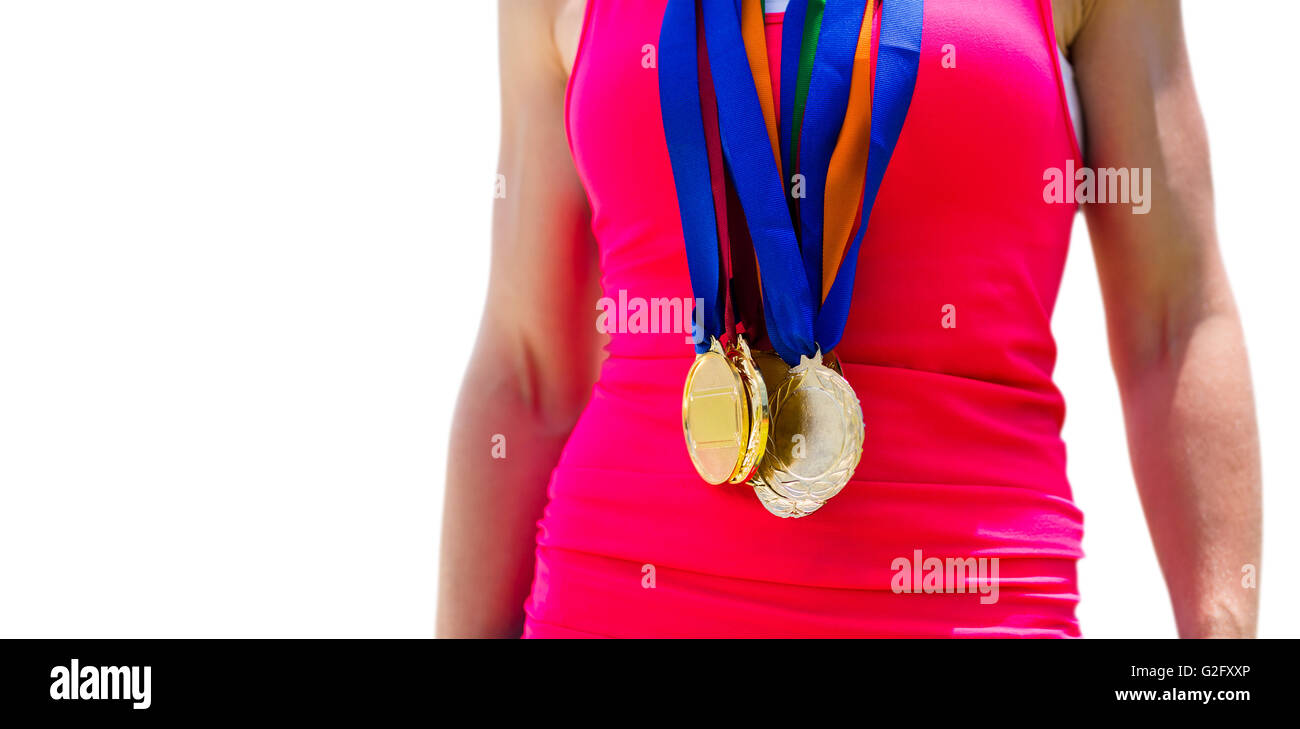 Portrait of sportswoman chest with medals Stock Photo
