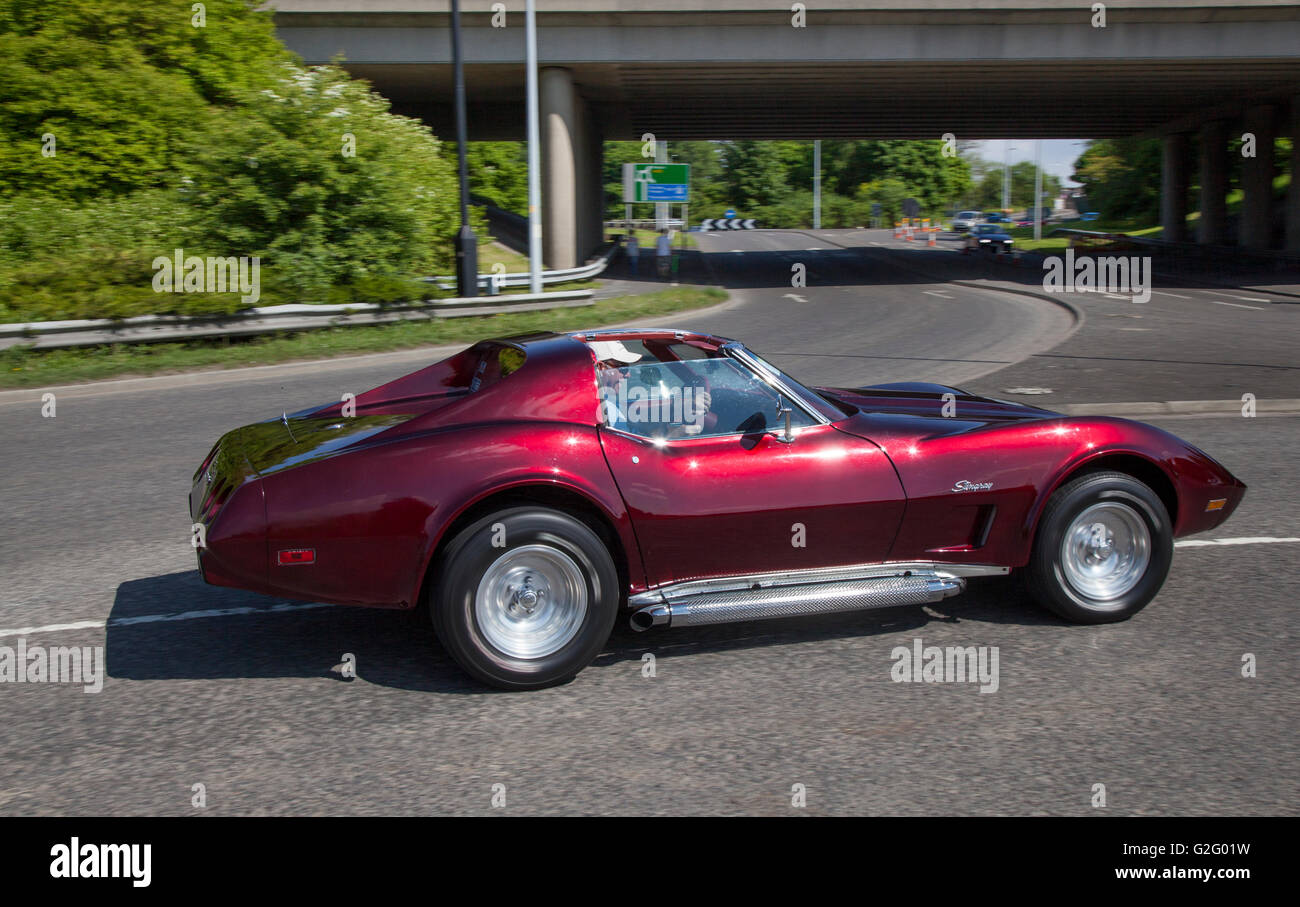 1972 70s seventies Maroon Chevrolet Corvette Stingray at Pendle Power Fest, a classic, veteran and heritage motor show held at the Nelson & Colne College, Barrowford, Lancashire, UK Stock Photo