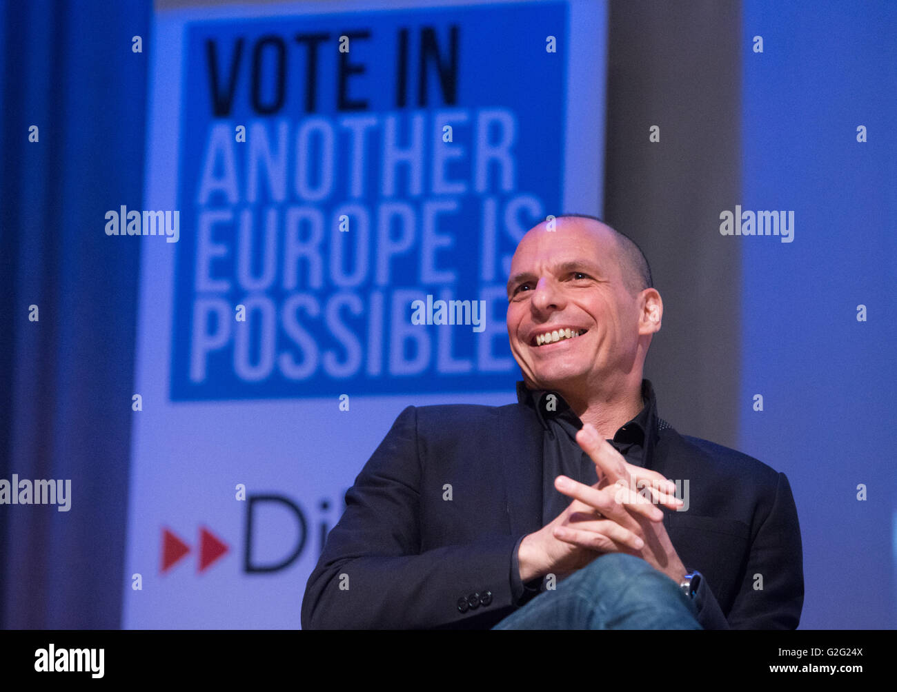 Former Greek finance minister Yanis Varoufakis speaks at a 'Vote In' conference in London. Stock Photo