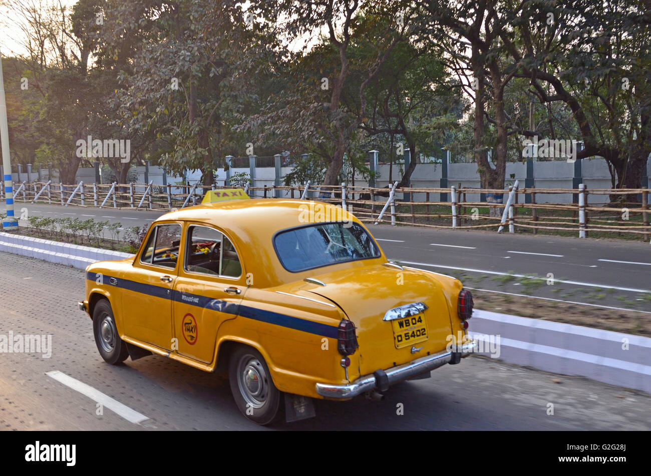 Ambassador Taxi car on the roads of Kolkata, West Bengal, India Stock Photo