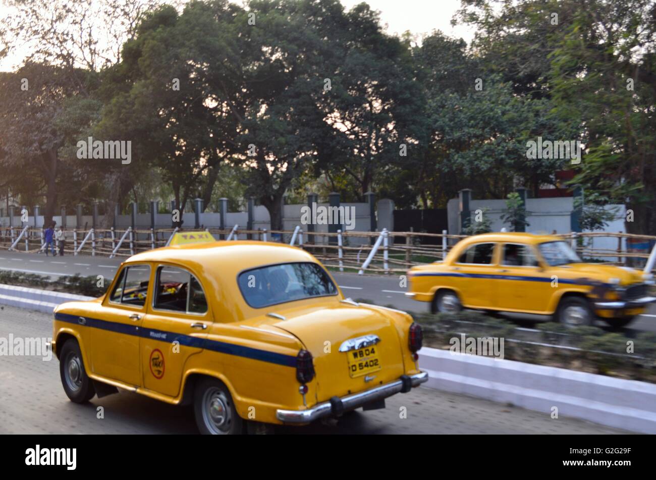 Ambassador Taxi car on the roads of Kolkata, West Bengal, India Stock Photo