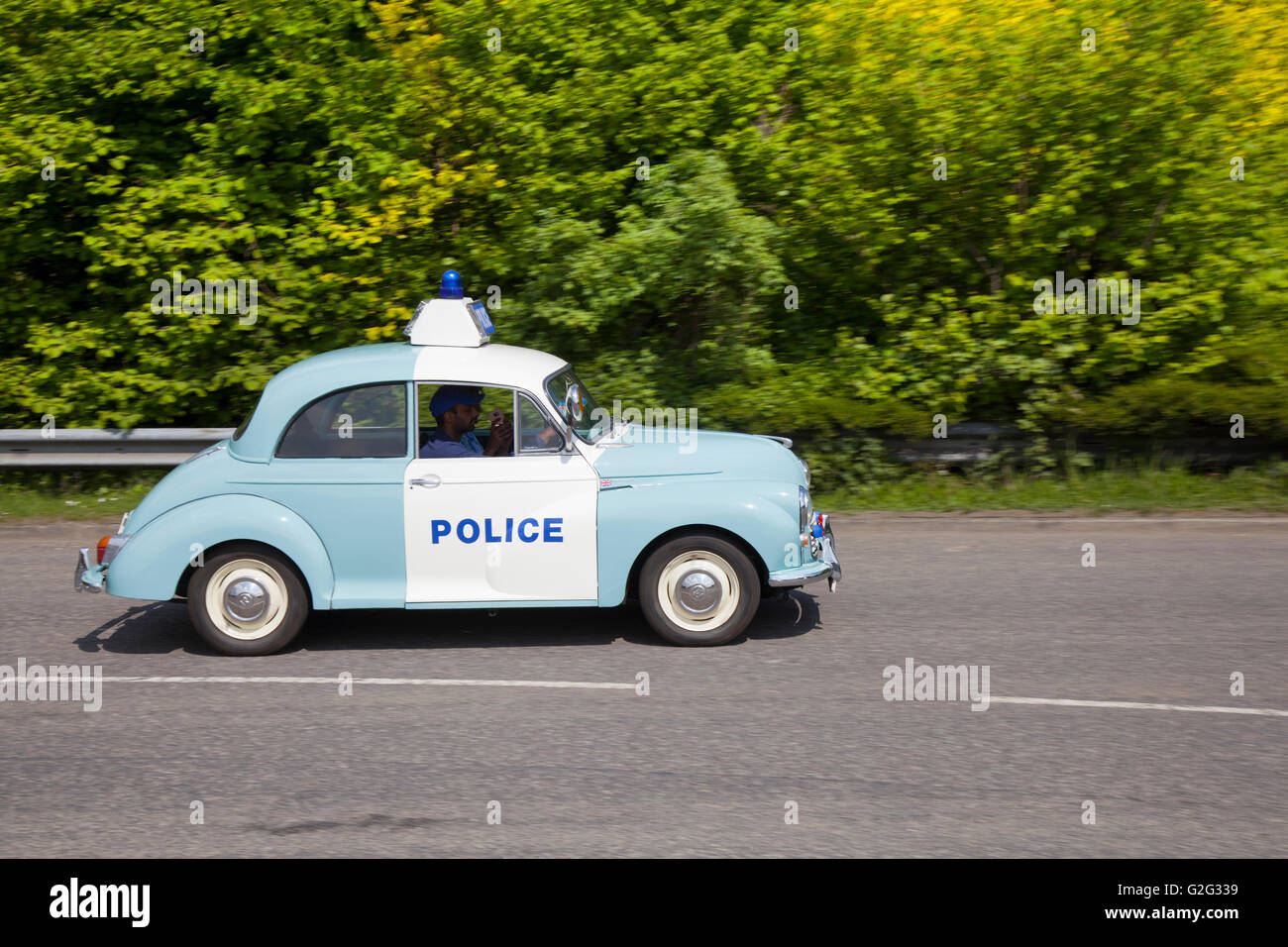 Vintage 1969 blue & white British Leyland Morris Minor 1000 Police traffic ZCar type. 60s Z-Cars or Z Cars was a British television drama series centred on the work of mobile uniformed police in a fictional town. Police panda Car at the Pendle Power Fest, a classic, veteran and heritage motor show held at Barrowford, Lancashire, UK Stock Photo