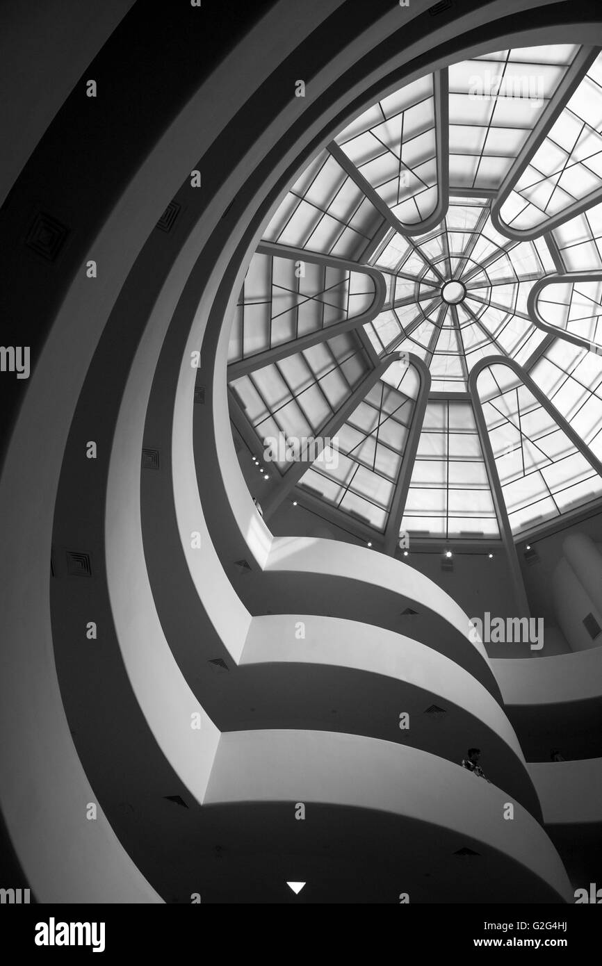 Curved Walk Ramps and Glass Ceiling, Low Angle View, Guggenheim Museum, New York City, USA Stock Photo