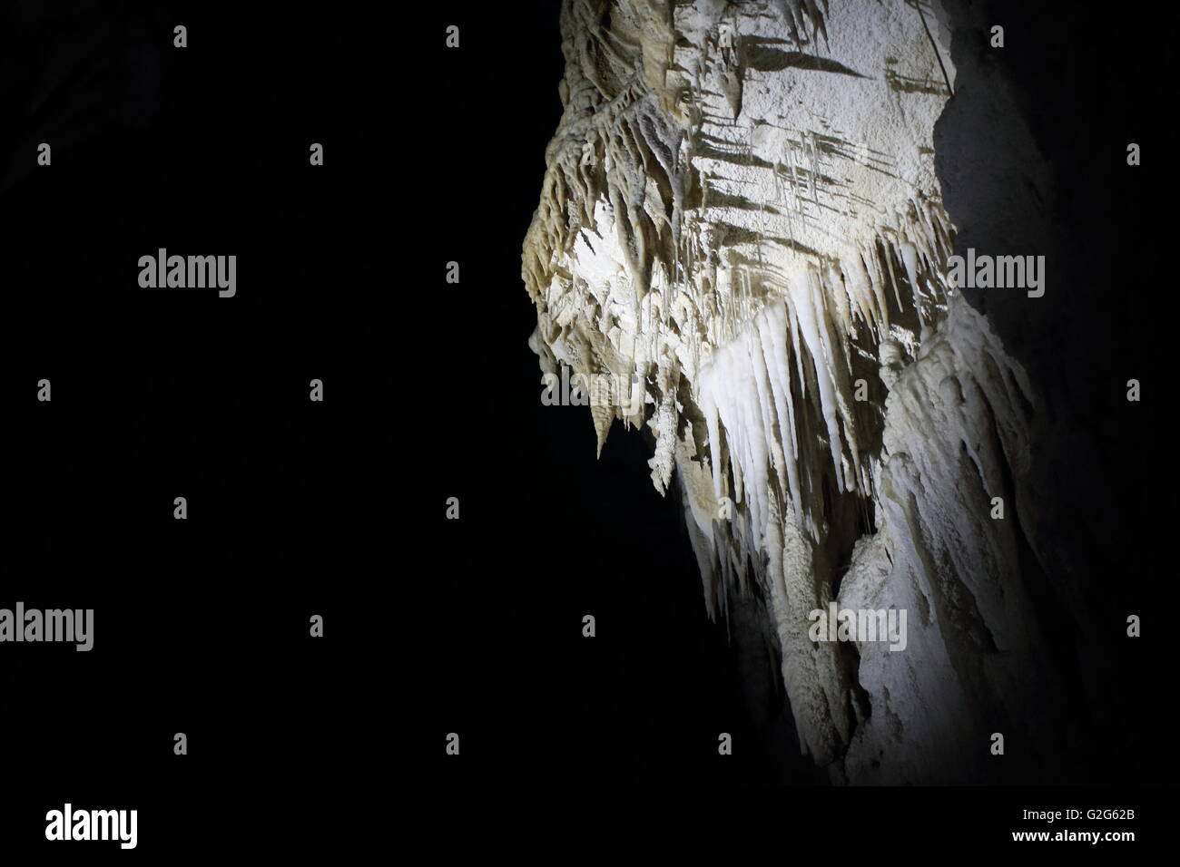 A cave section with different types of stalactites Stock Photo