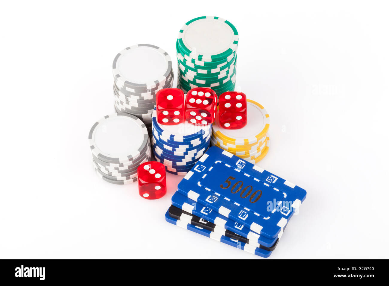 Four  red dice with colored casino chips isolated on white background Stock Photo