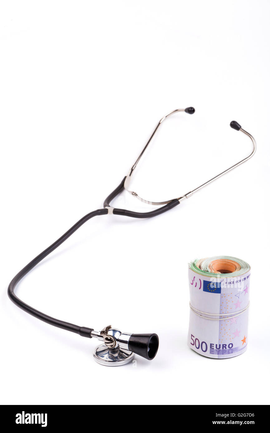 Black stethoscope closeup with euro isolated on white background Stock ...