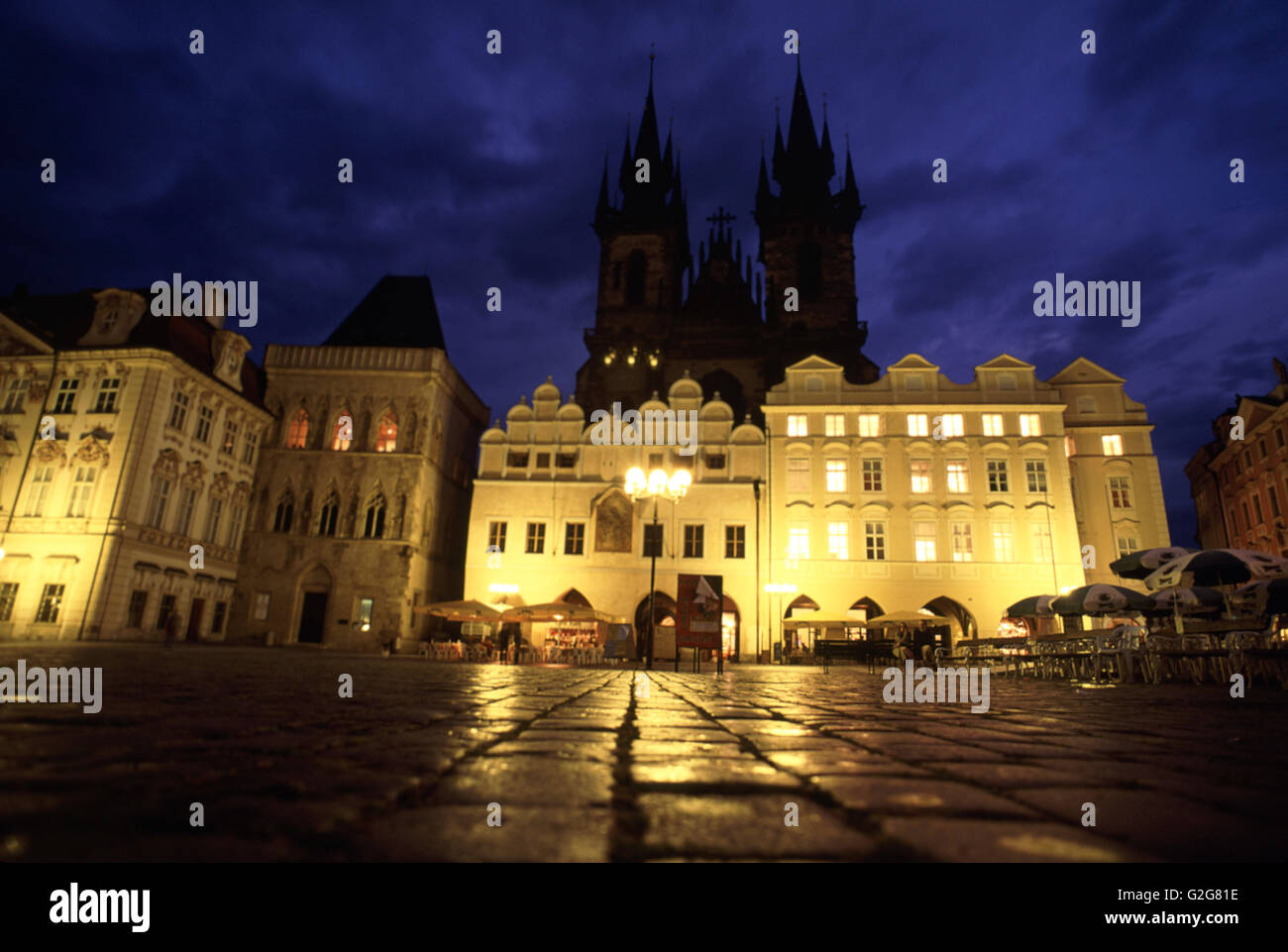 Old Town Square in Prague with cobble stone at twilight, Czech Republic. Stock Photo