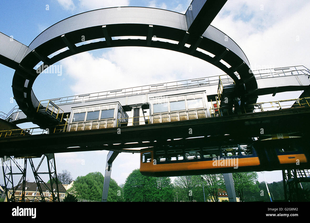 Germany - Wupperthal. Schwebebahn is the world´s only single rail suspended mass transit a.k.a.  Eugen Langen System Stock Photo