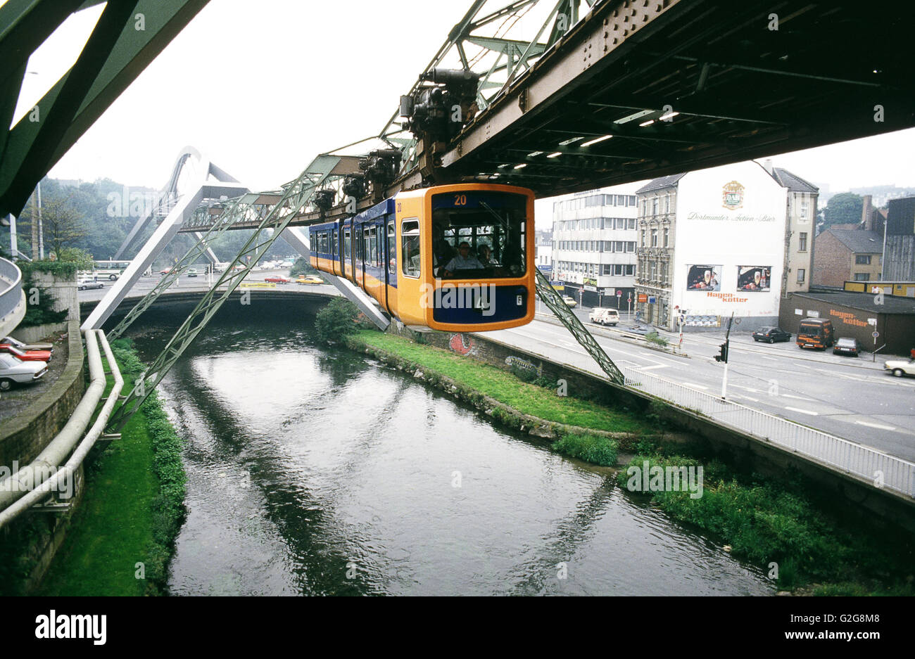 Germany - Wupperthal. Schwebebahn is the world´s only single rail suspended mass transit a.k.a.  Eugen Langen System Stock Photo