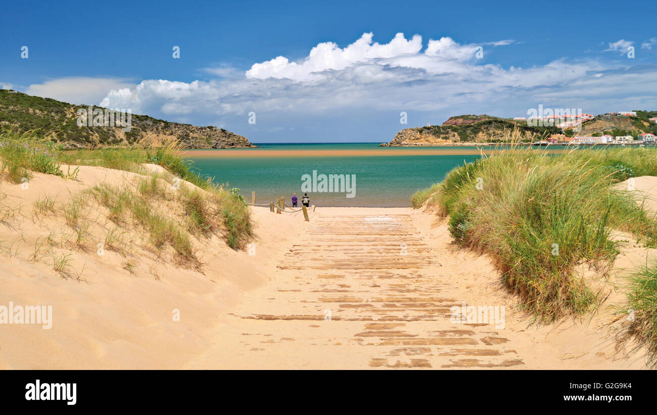 Portugal: Sand dunes and blue water bay in Sao Martinho do Porto Stock  Photo - Alamy