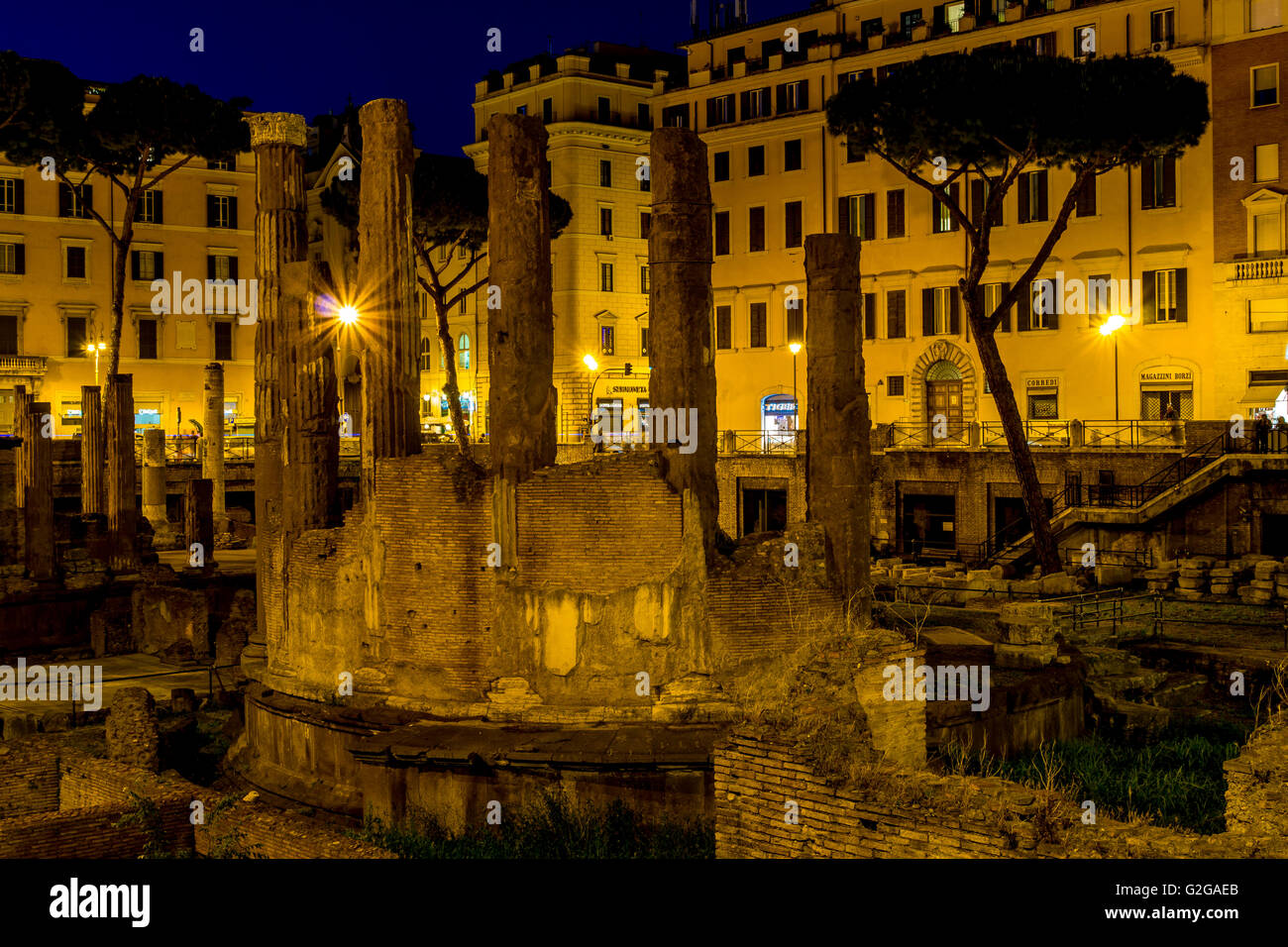 Largo di Torre Argentina at night - Remains of Republican Roman temples and Pompey's Theatre, Campus Martius, Rome, Italy Stock Photo