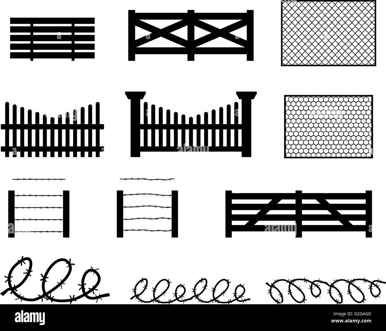 Set of rural fences in silhouette style, vector Stock Vector