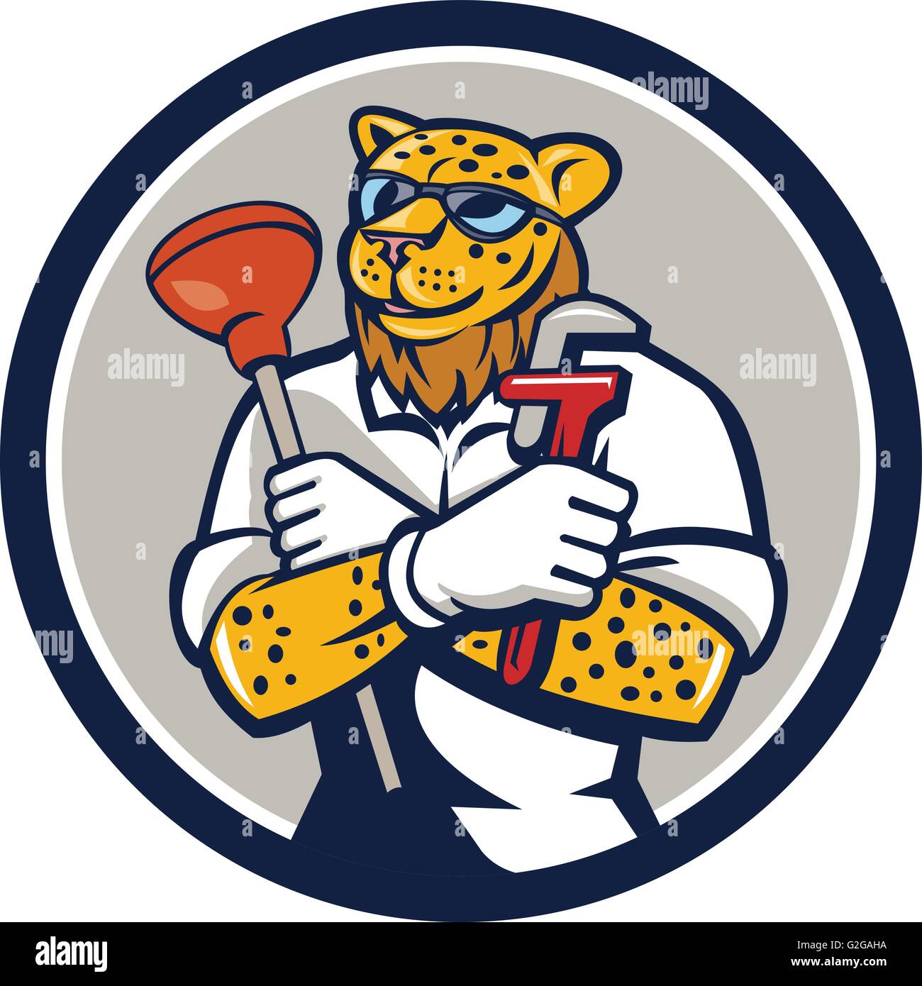 Illustration of a leopard plumber holding wrench and plunger viewed ...