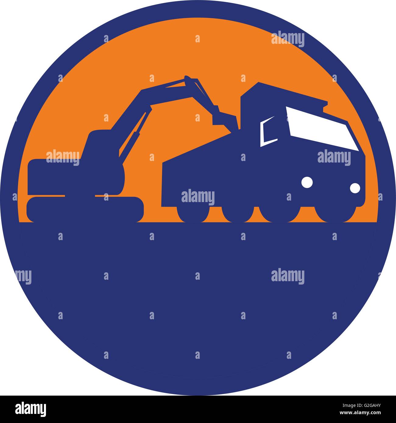 Illustration of a mechanical digger excavator earthmover loading a dump truck viewed from low angle set inside circle done in retro style, Stock Vector