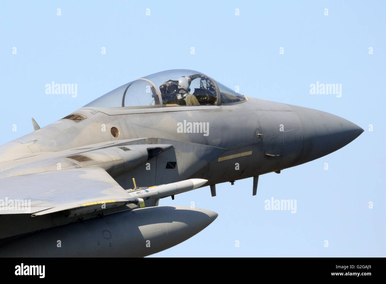 Close up of a F-15 fighter jet take off Stock Photo