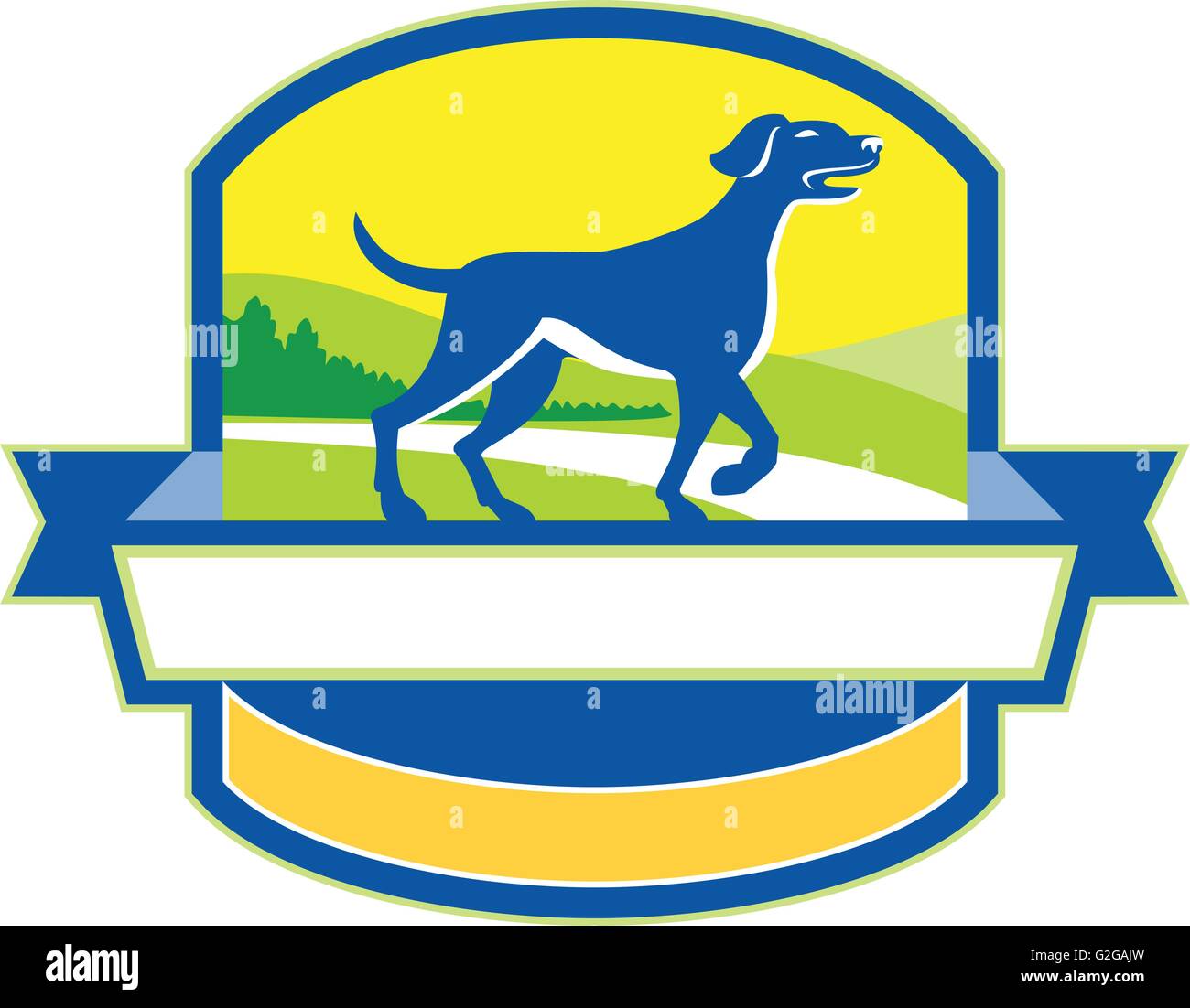 Illustration of an english pointer dog pointing up in a pointer stance with head up tail out and one foot slightly raised with grass and trees in the background viewed from the side set inside shield crest and banner ribbon in the bottom done in retro sty Stock Vector