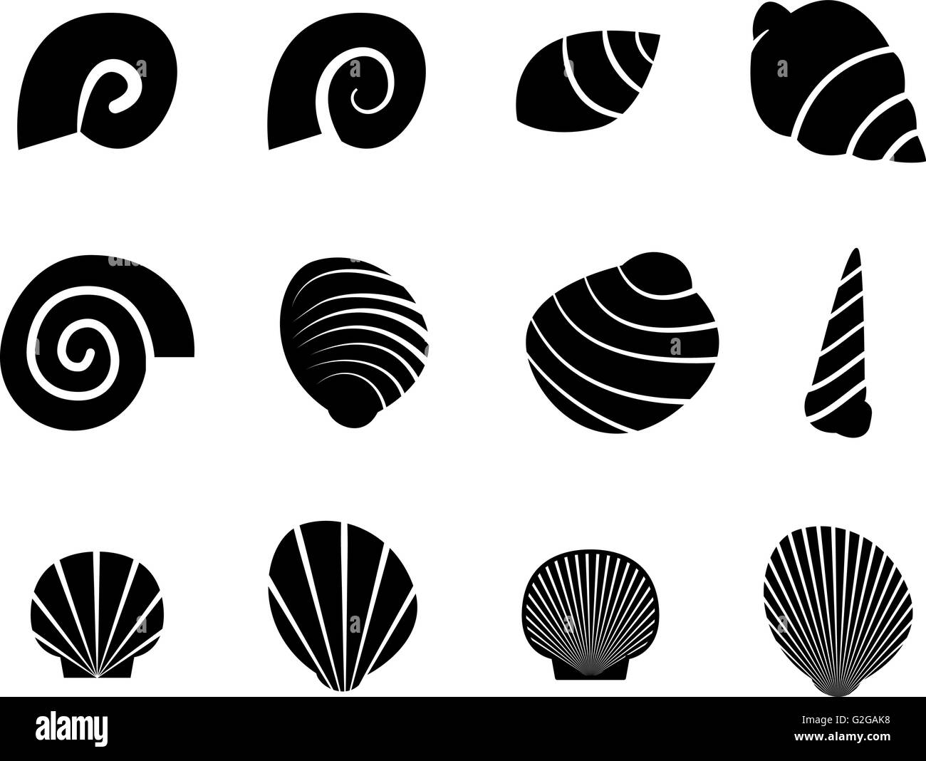 Set of shell in silhouette tattoo style,vector Stock Vector