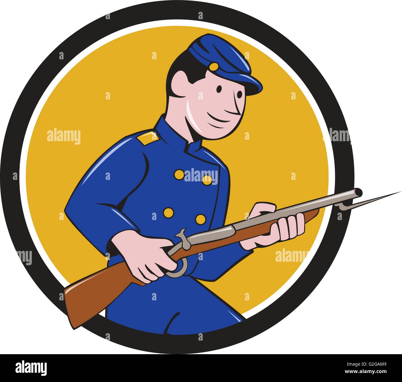 Illustration of a Union Army soldier during the American Civil War holding rifle with bayonet set inside circle on isolated background done in cartoon style. Stock Vector