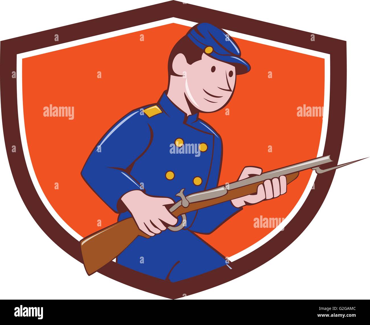 Illustration of a Union Army soldier during the American Civil War holding rifle with bayonet set inside shield crest on isolated background done in cartoon style. Stock Vector