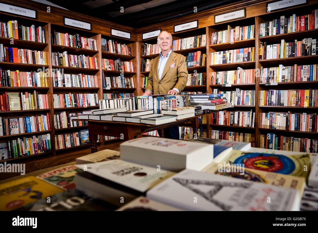 Robert Hiscox in his White Horse Bookshop in Marlborough, Wiltshire, as the city grandee has launched a blistering attack on David Cameron's campaign to remain in the EU, dubbing it 'corrupt' and accusing the Treasury of disseminating 'illegal propaganda'. Stock Photo