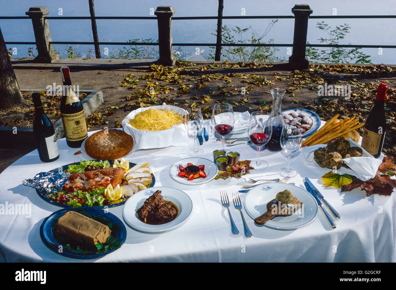 typical Piedmontese food on a table outside Belvedere restaurant in La Morra (Piedmont) Stock Photo