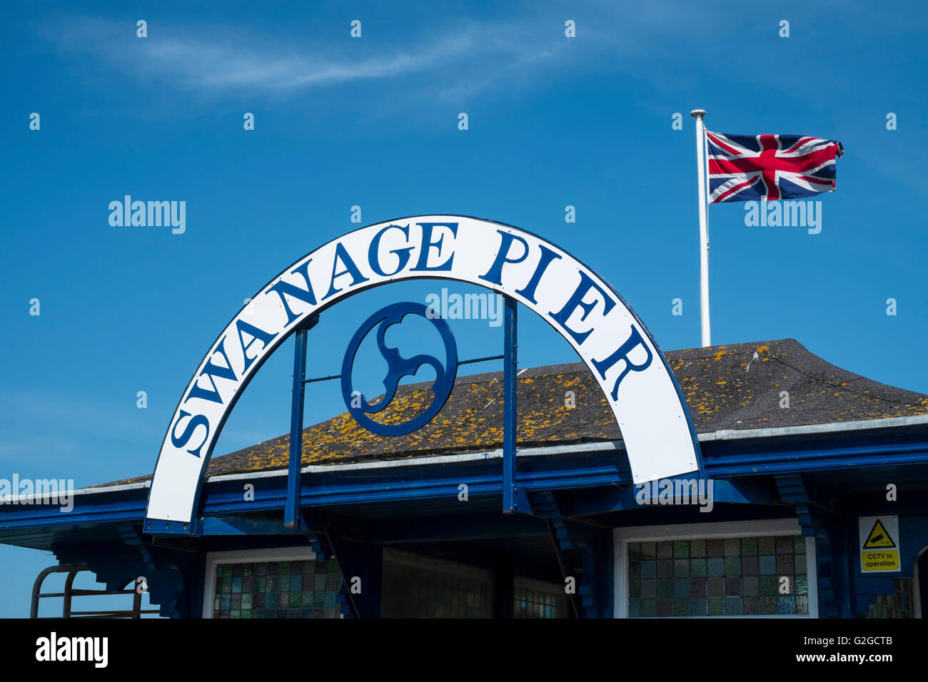 Swanage a small seaside town on the english Dorset coast Swanage Pier  sign Stock Photo