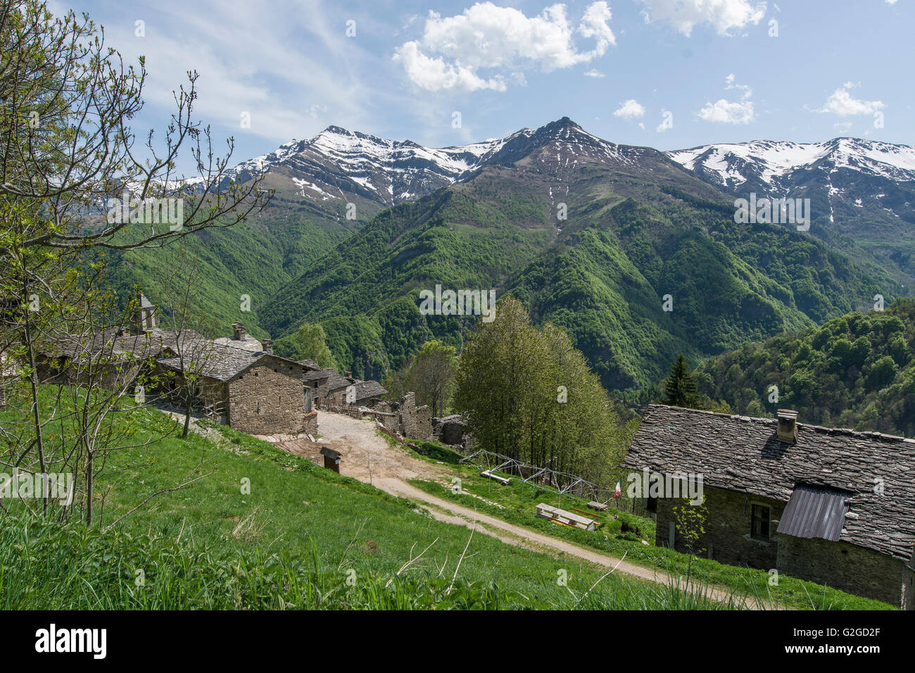 abandoned alpine village Borgata Campofei near Castelmagno, Piedmont, Italy Stock Photo