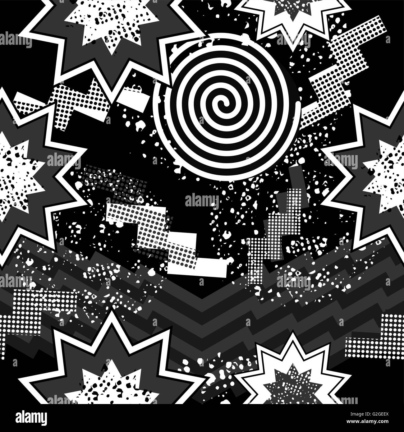 Black and white retro seamless pattern with abstract pop art print, 80s