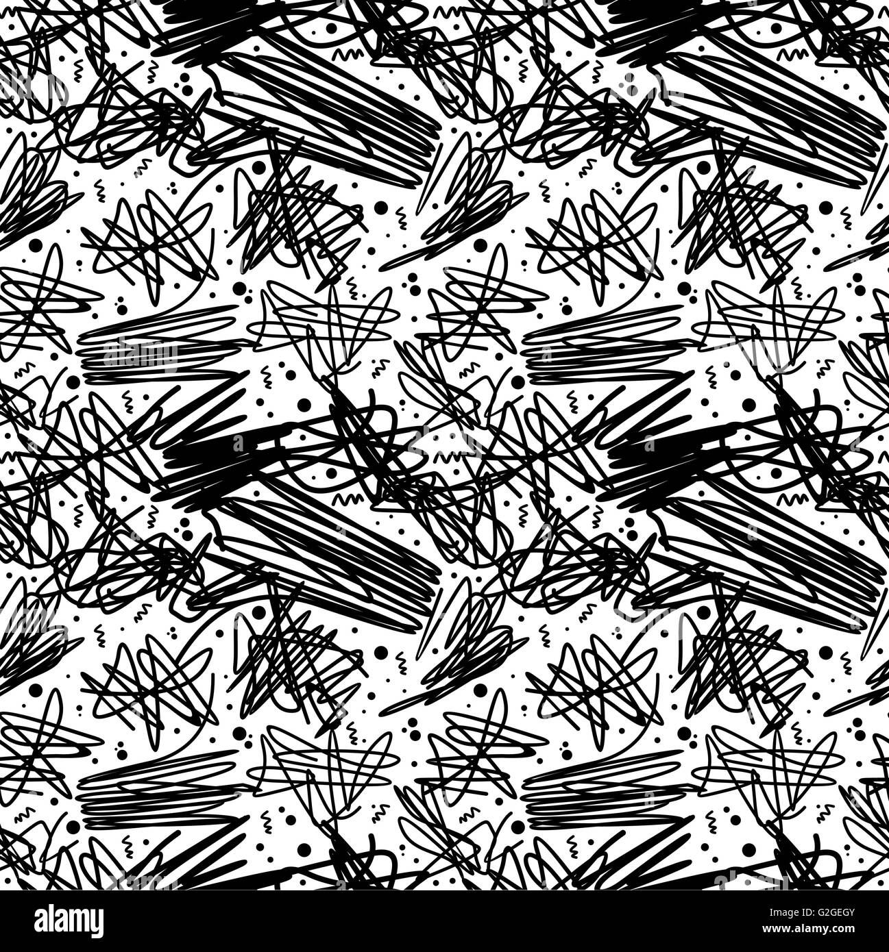 Retro vintage 80s seamless pattern in black and white with abstract doodle art design, memphis fashion style. EPS10 vector. Stock Vector