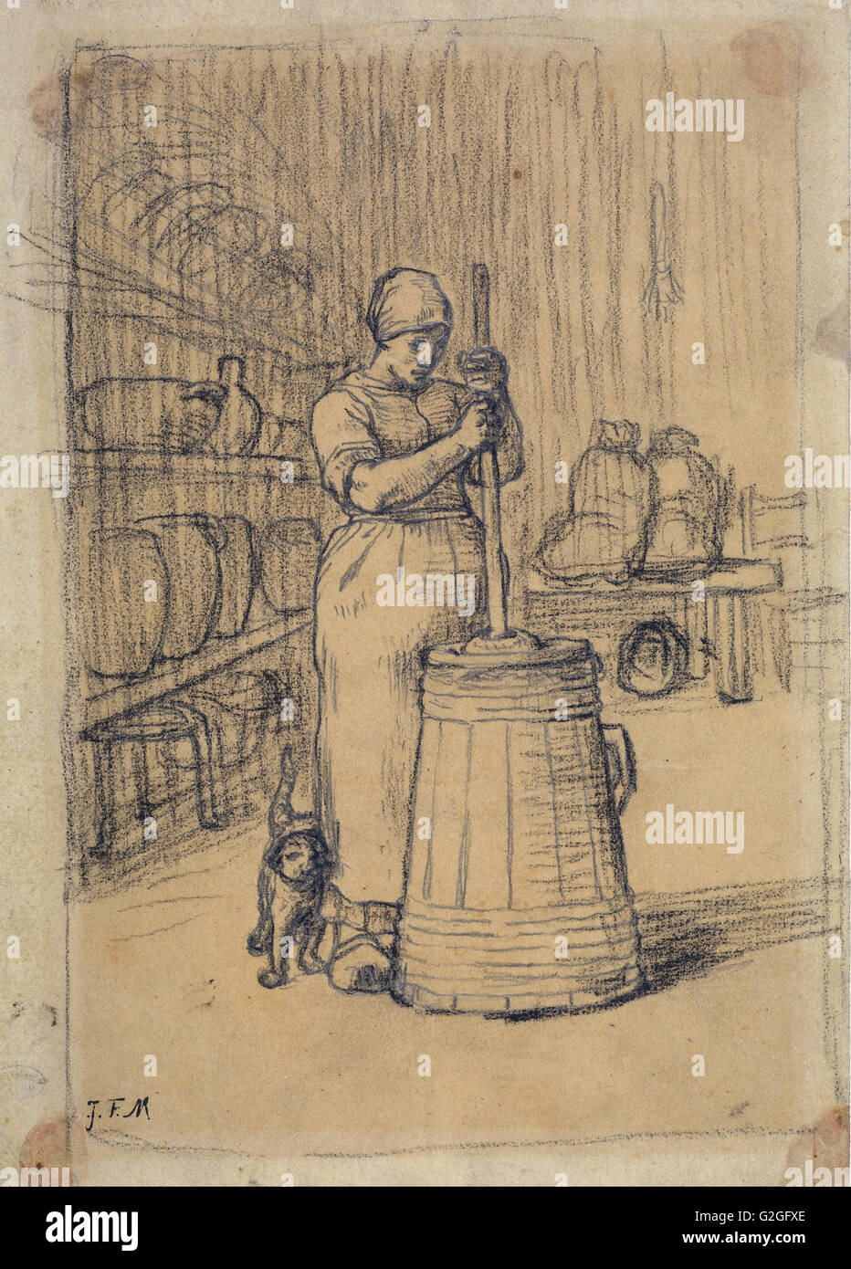 Jean-François Millet - Study for Woman Churning Butter - Museum of Fine Arts, Boston Stock Photo