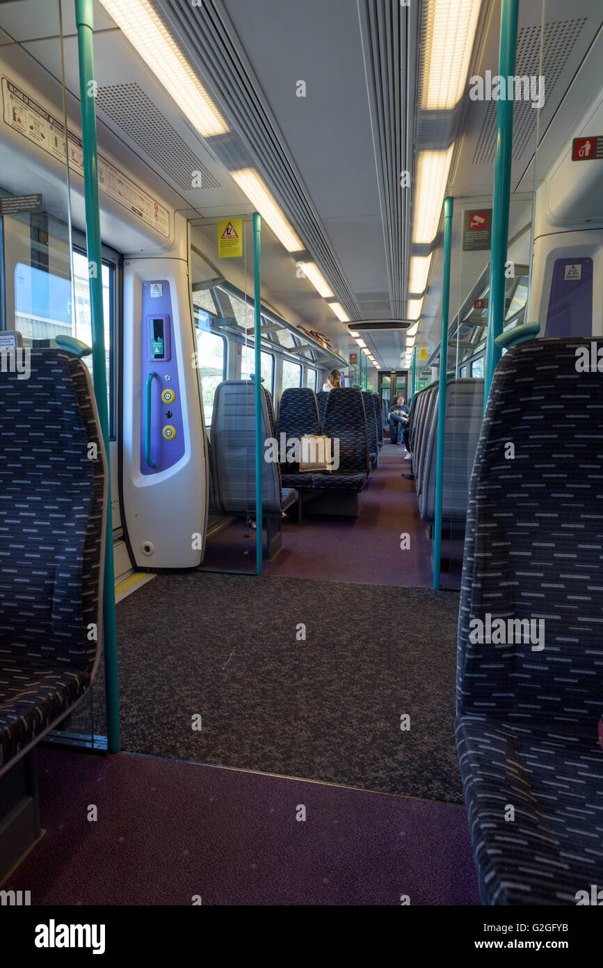 Empty train carriage of a Greater Abellio Train traveling from Witham to London Liverpool Street Stock Photo