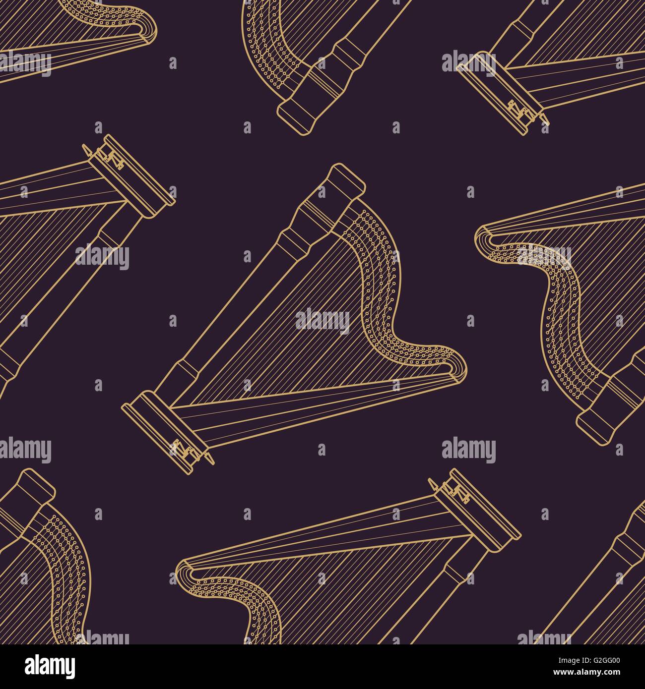 vector monochrome gold harp decoration seamless pattern isolated dark ...