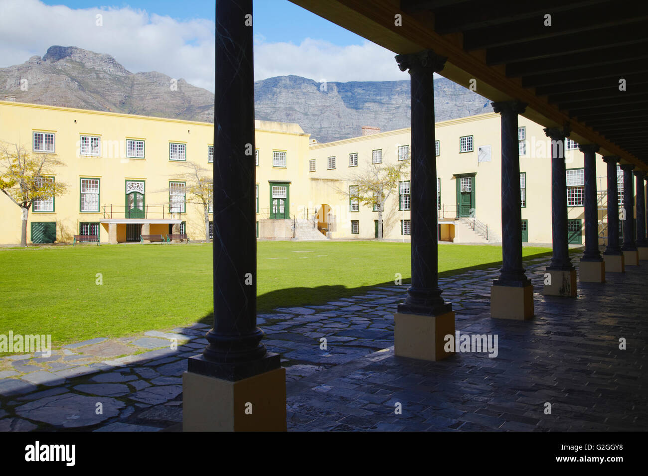 Courtyard inside Castle of Good Hope with Table Mountain in background, City Bowl, Cape Town, Western Cape, South Africa Stock Photo
