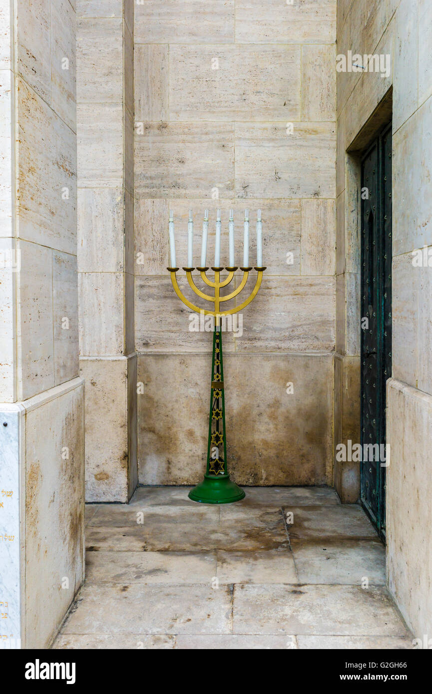 A menorak (seven-branched candlestick) in the memorial gardens at the Dohany Street Synagogue in Budapest, Hungary. Stock Photo