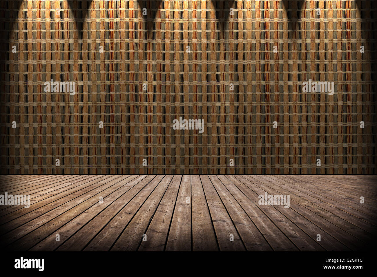 Room Interior Vintage With Straw Mat Wall And Wood Floor Stock