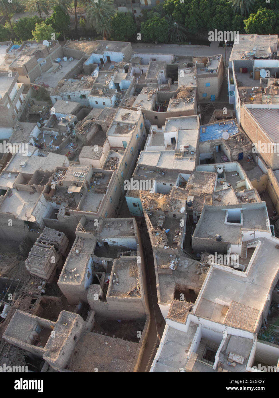 An ariel view of the rooftops of typical Egyptian homes, on the west