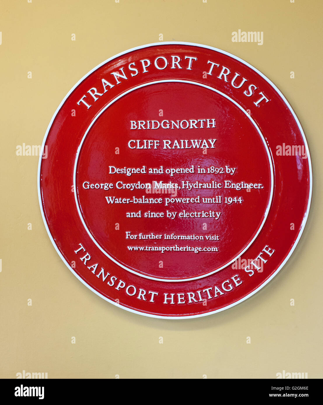 Transport Heritage Site Red Plaque at Bridgnorth Cliff Railway, Bridgnorth, Shropshire, England, UK Stock Photo