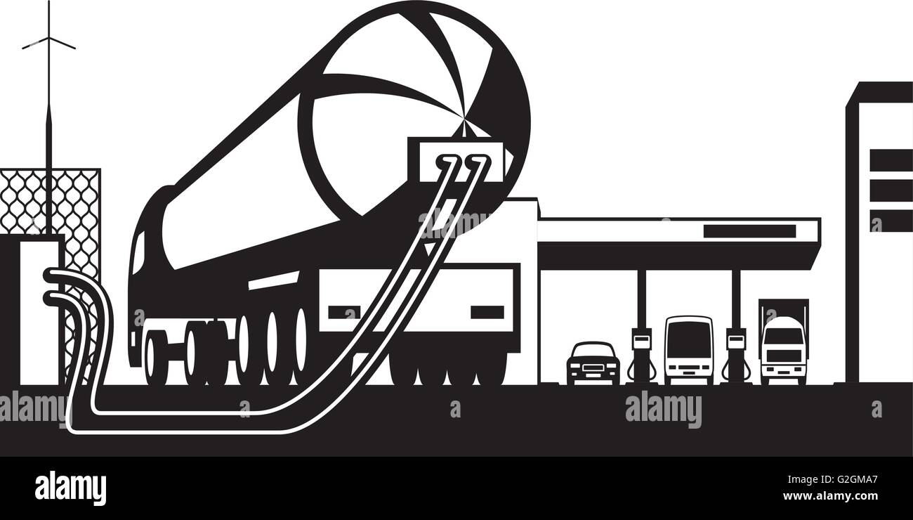 Tank truck loading gas station with fuel - vector illustration Stock Vector