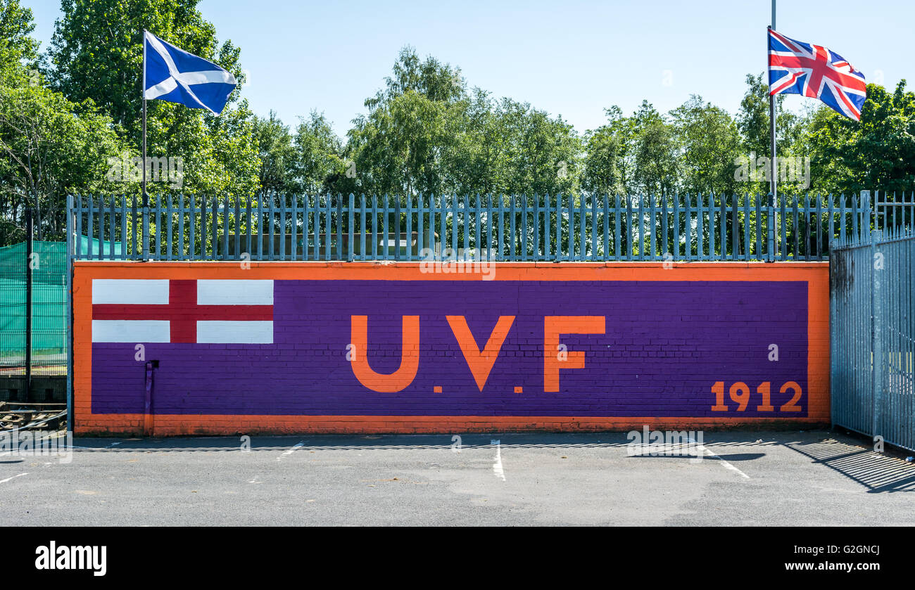 UVF mural beside football field in Sydenham area of East Belfast. Stock Photo