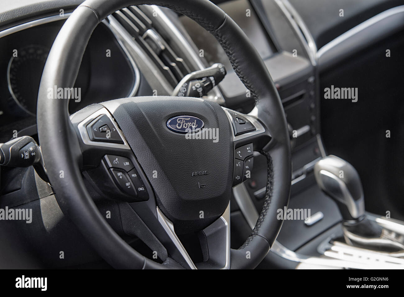 Wroclaw, Poland, May 28, 2016: Close up on Ford C-Max sterring wheel on Motoshow on May 28, 2016 in Poland Stock Photo