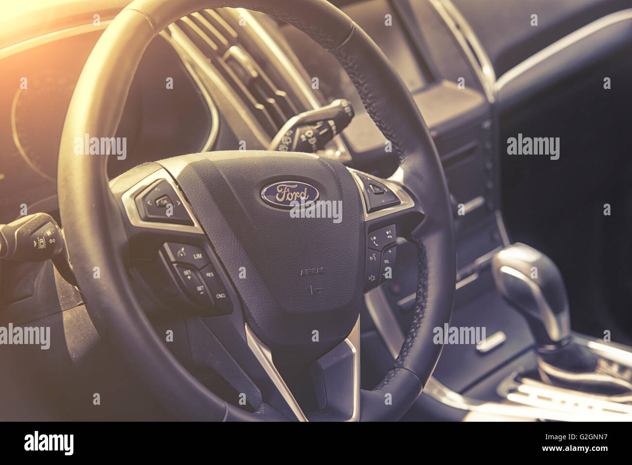 Wroclaw, Poland, May 28, 2016: Close up on Ford C-Max sterring wheel on Motoshow on May 28, 2016 in Poland Stock Photo