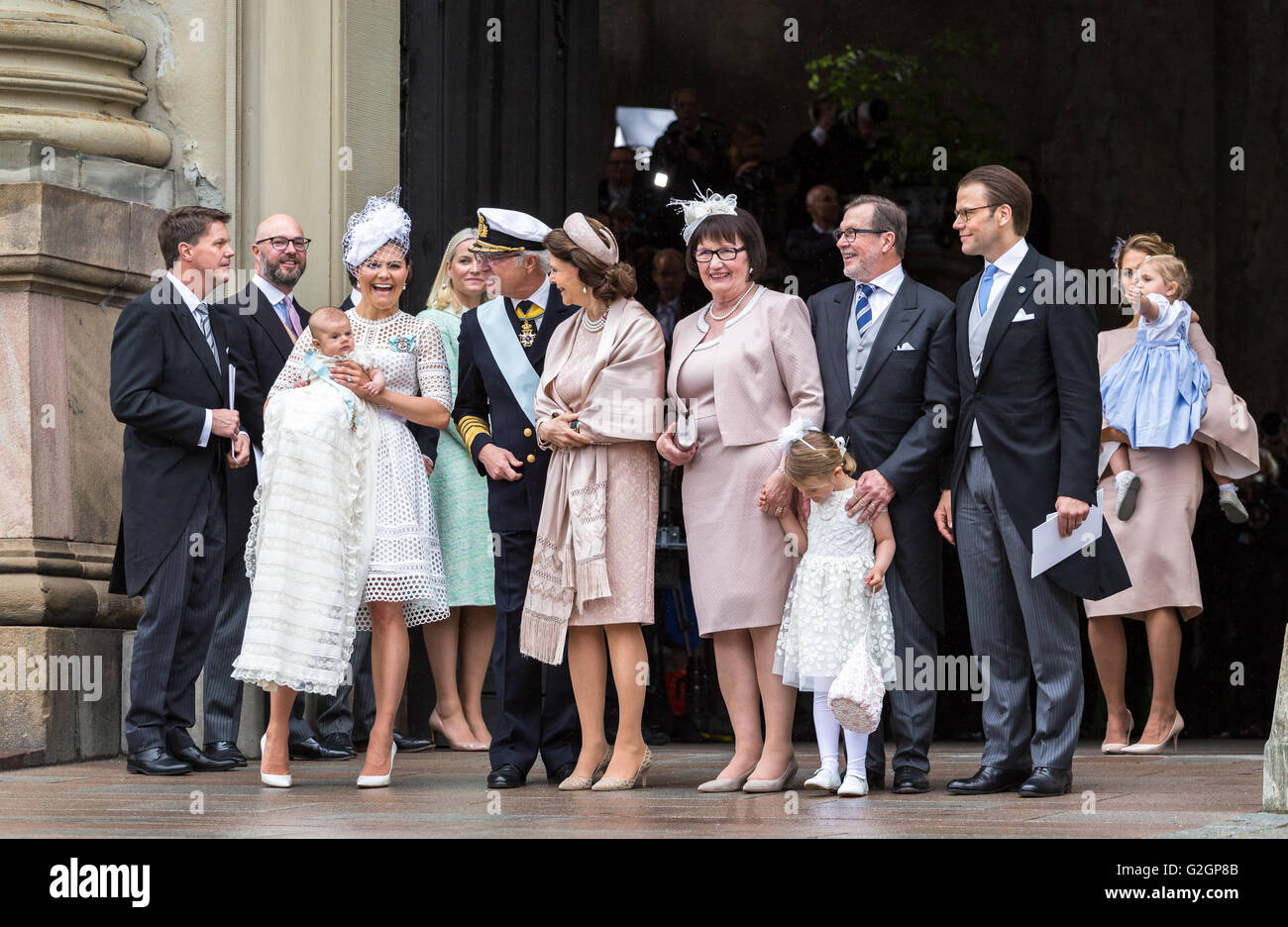 Baby Prince Oscar of Sweden's christening - with family after the ceremony Stock Photo
