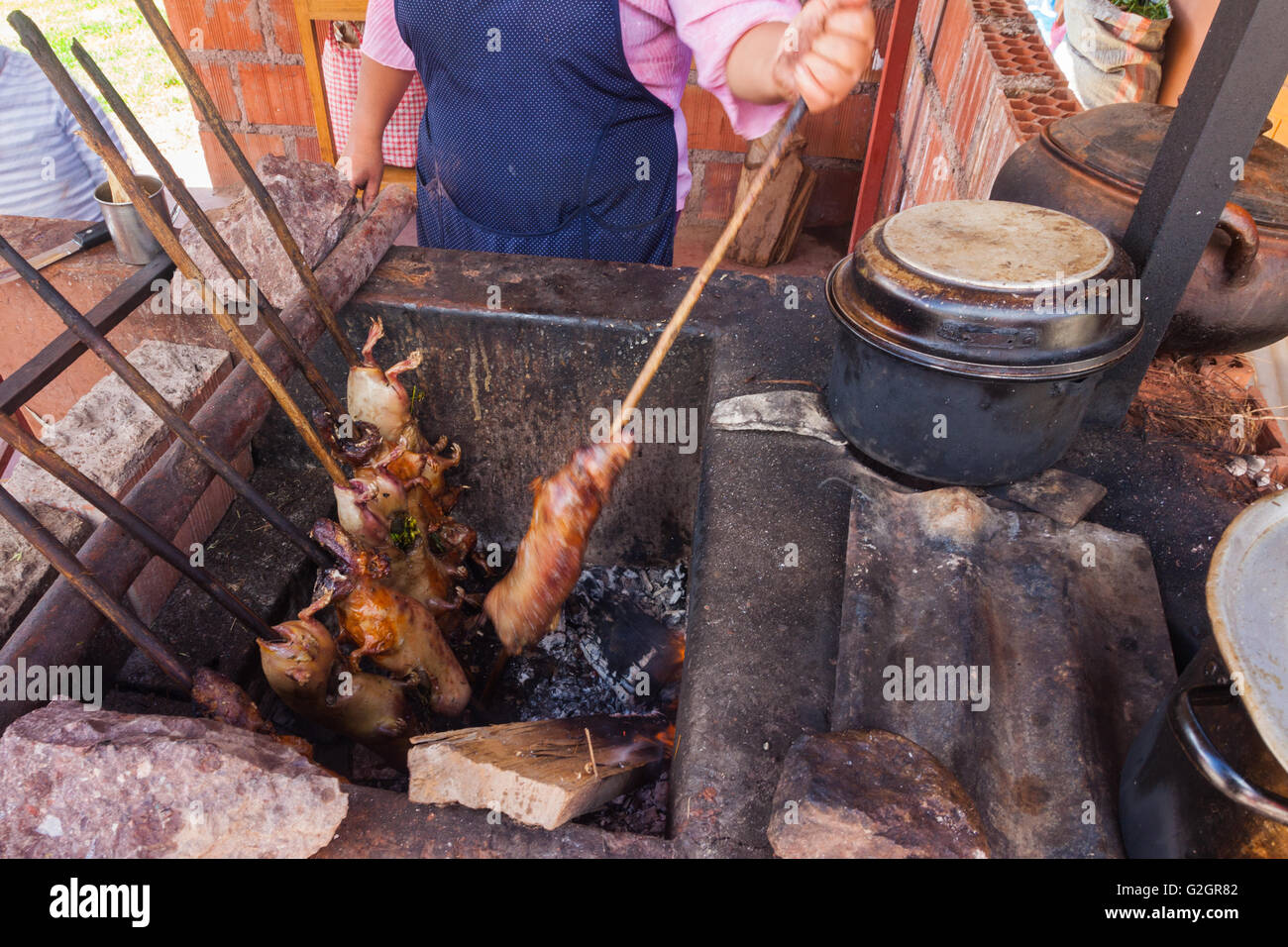 Guinea Pigs being roasted on sticks in the Peruvian town of Lamay where they are a special treat each Sunday Stock Photo