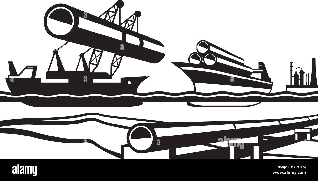 Construction of industrial pipeline under water - vector illustration Stock Vector